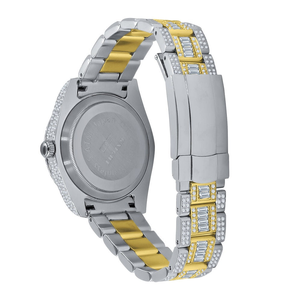 2 Tone 18K Yellow Gold Plated Full Stainless Steel Simulated Diamonds Mens Watch 42mm W/Date