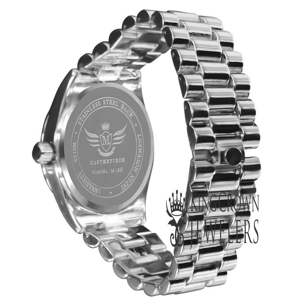 Mens Blue Dial Face 14K White Gold Tone Day/Date Function Solid Steel Back Water Resistance Metal Band Watch