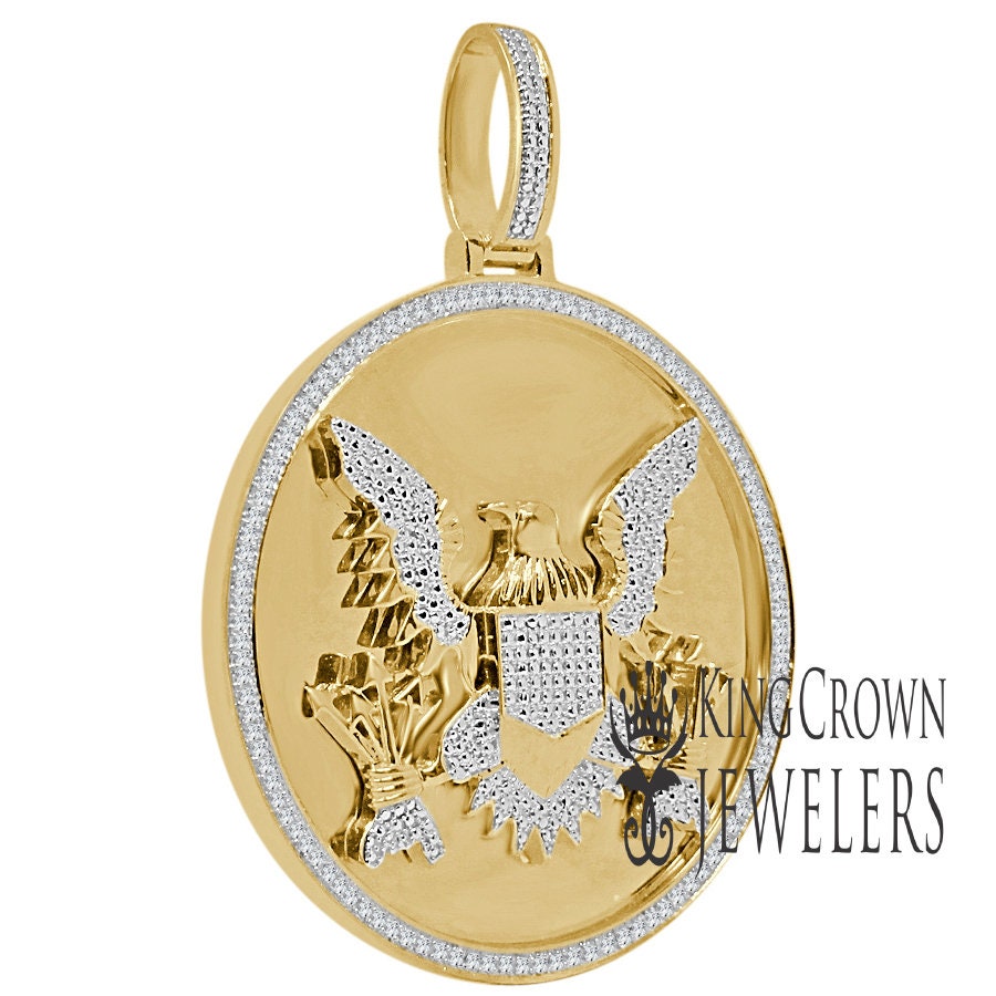 Mens Genuine Real Diamond President Seal American Eagle Pendent 10K Gold Finish Charm 2.75''