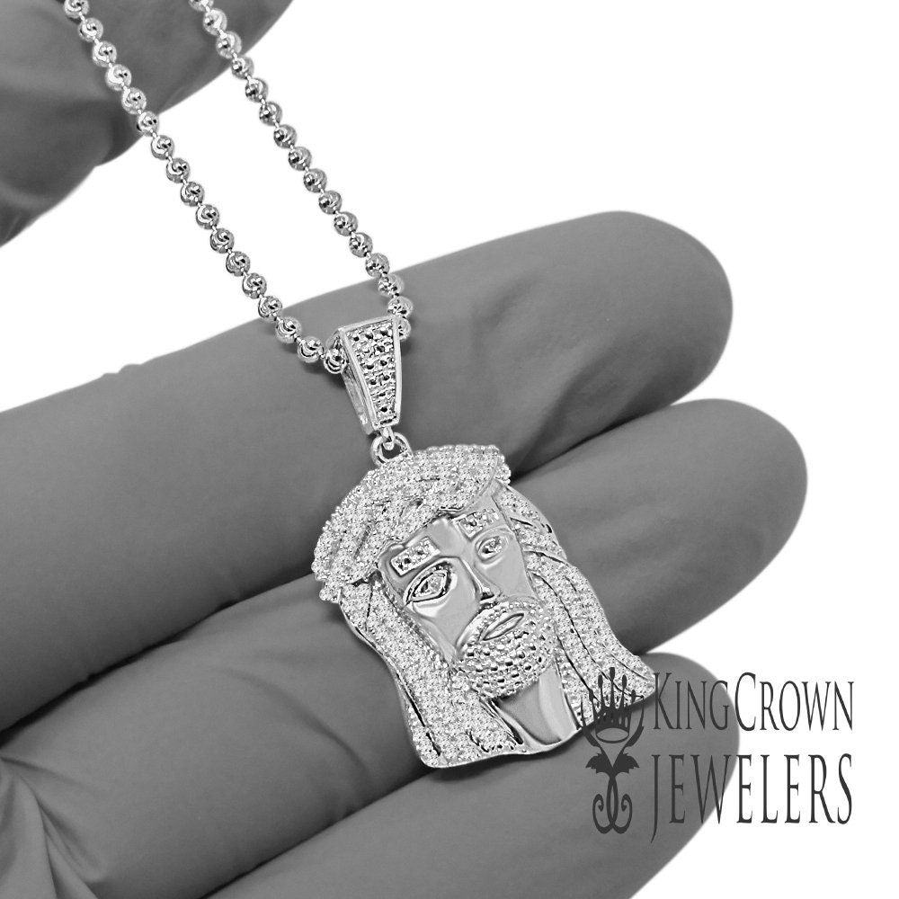 Unisex Real Genuine Diamond 10K White Gold Finish Mini Jesus 1.40" Charm Pendant Chain Set