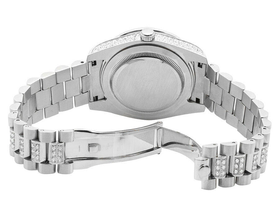 18K White Gold Solid Stainless Steel Simulated Diamond Presidential Watch 41MM