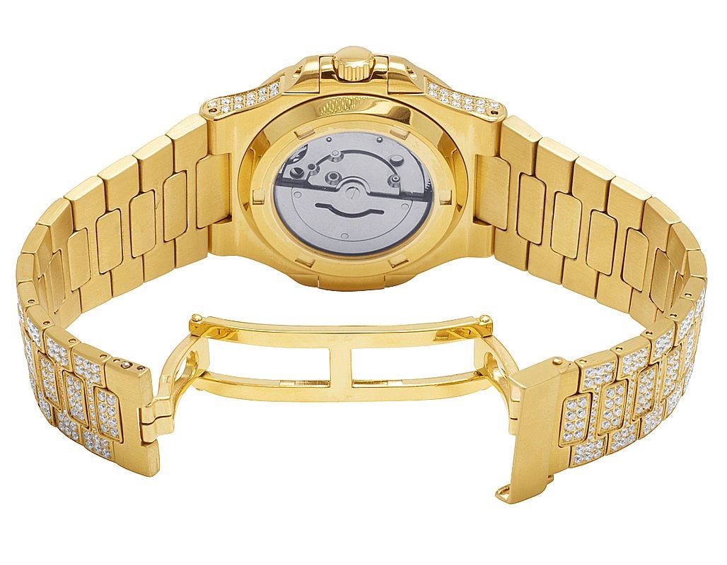 Mens Iced Sold Yellow Gold Stainless Steel 40MM PP Simulated Diamond Watch W/Date Function