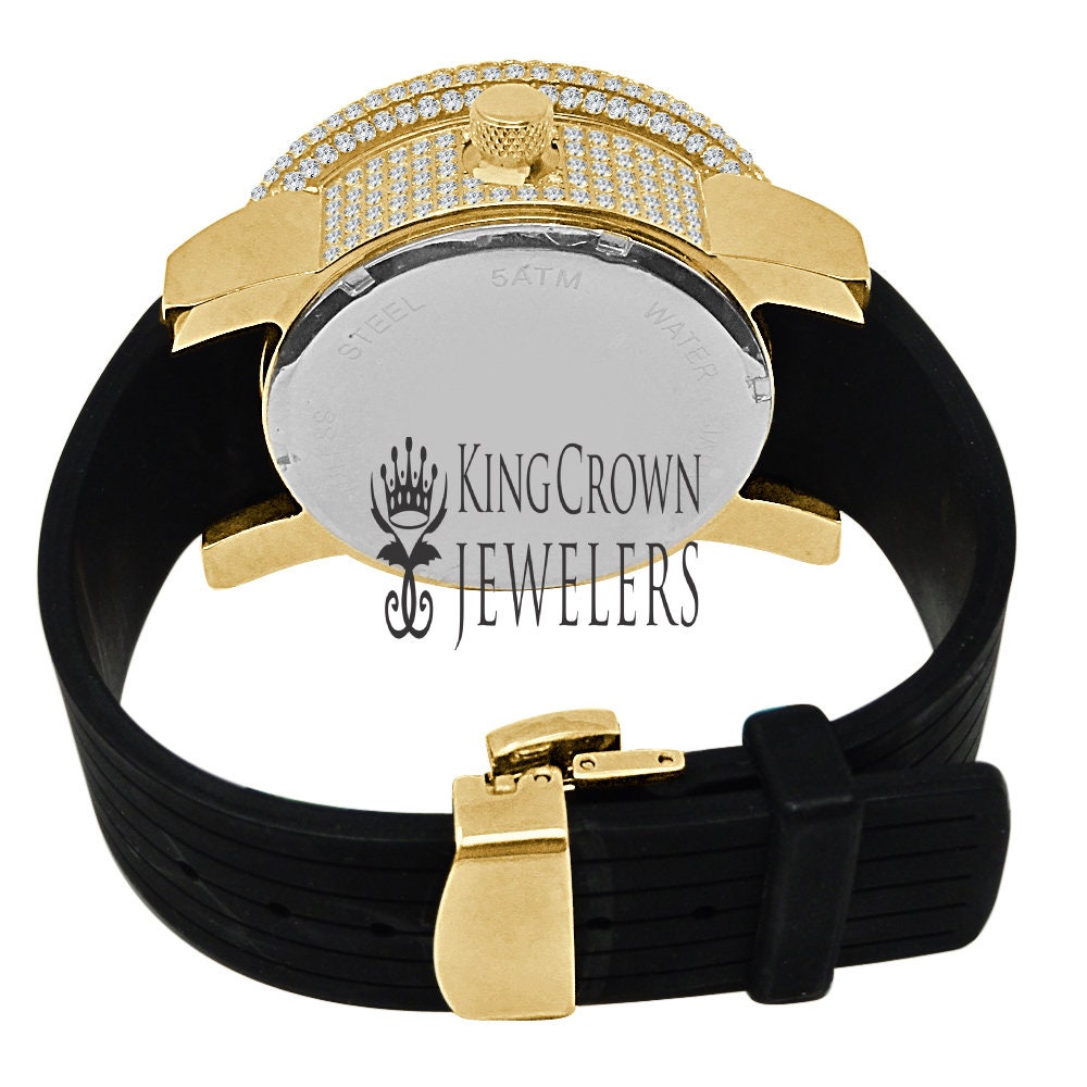 Mens Solid Stainless Steel Fully Icy 3D Simulated Diamond Yellow Gold Tone Watch 48mm
