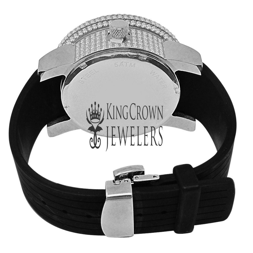 Mens Solid Stainless Steel Fully Icy 3D Simulated Diamond White Gold Tone Watch 48mm