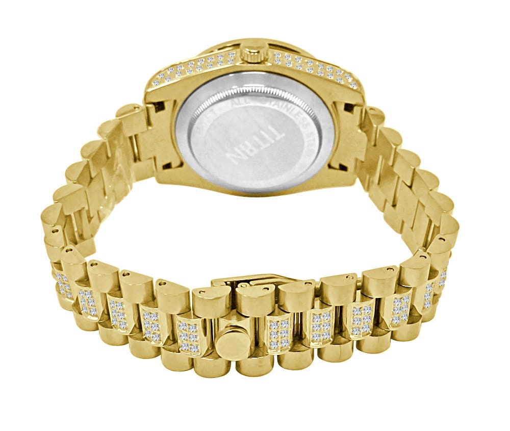 18K Yellow Gold Full Stainless Steel Baguette Simulated Diamond Presidential Watch 41mm