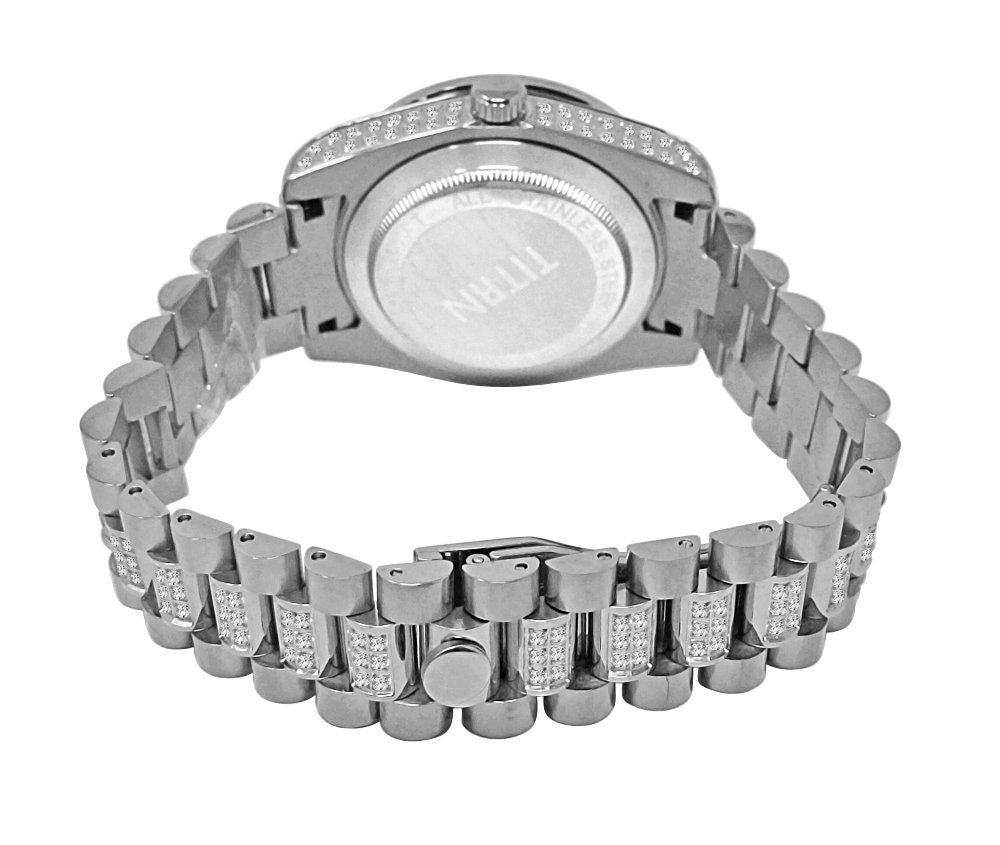 18K White Gold Full Stainless Steel Baguette Simulated Diamond Presidential Watch 41mm