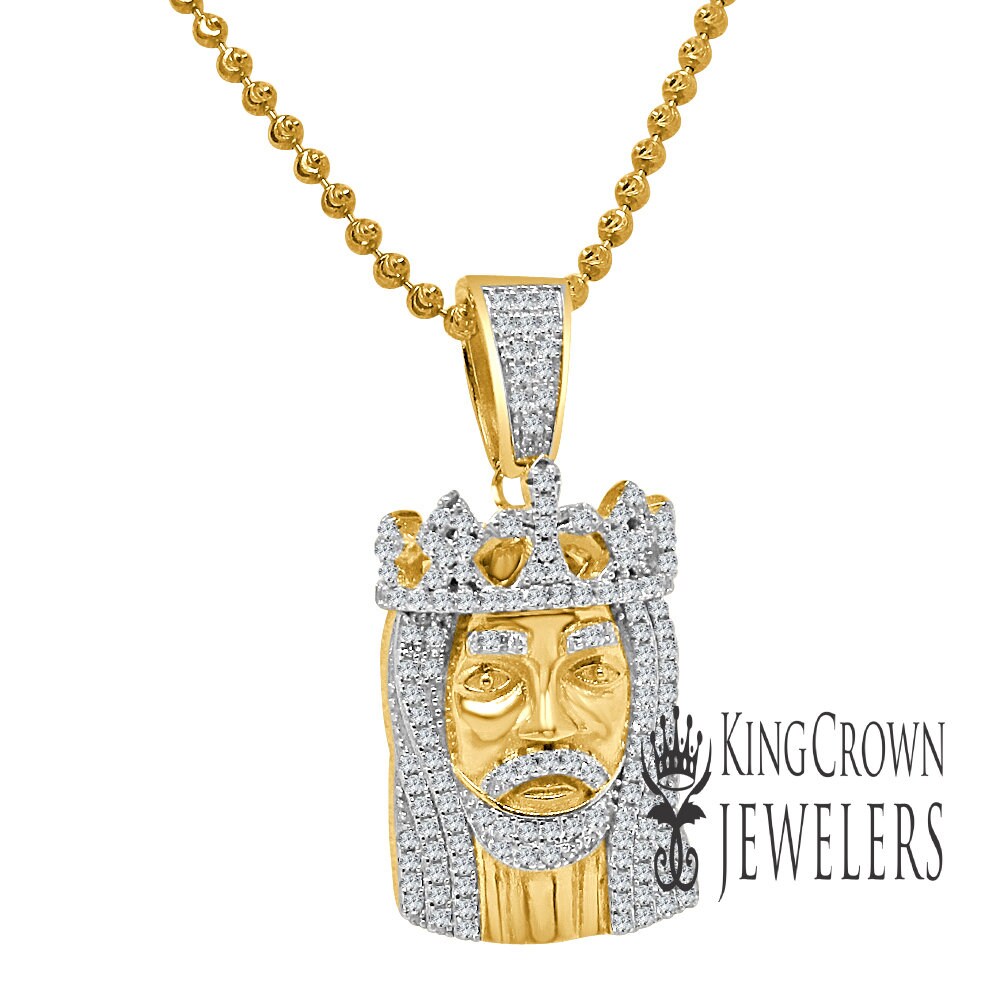 Real Yellow Gold Sterling Silver Jesus Piece Crown Face Mini Pendent Simulated Diamond Charm ChainSet