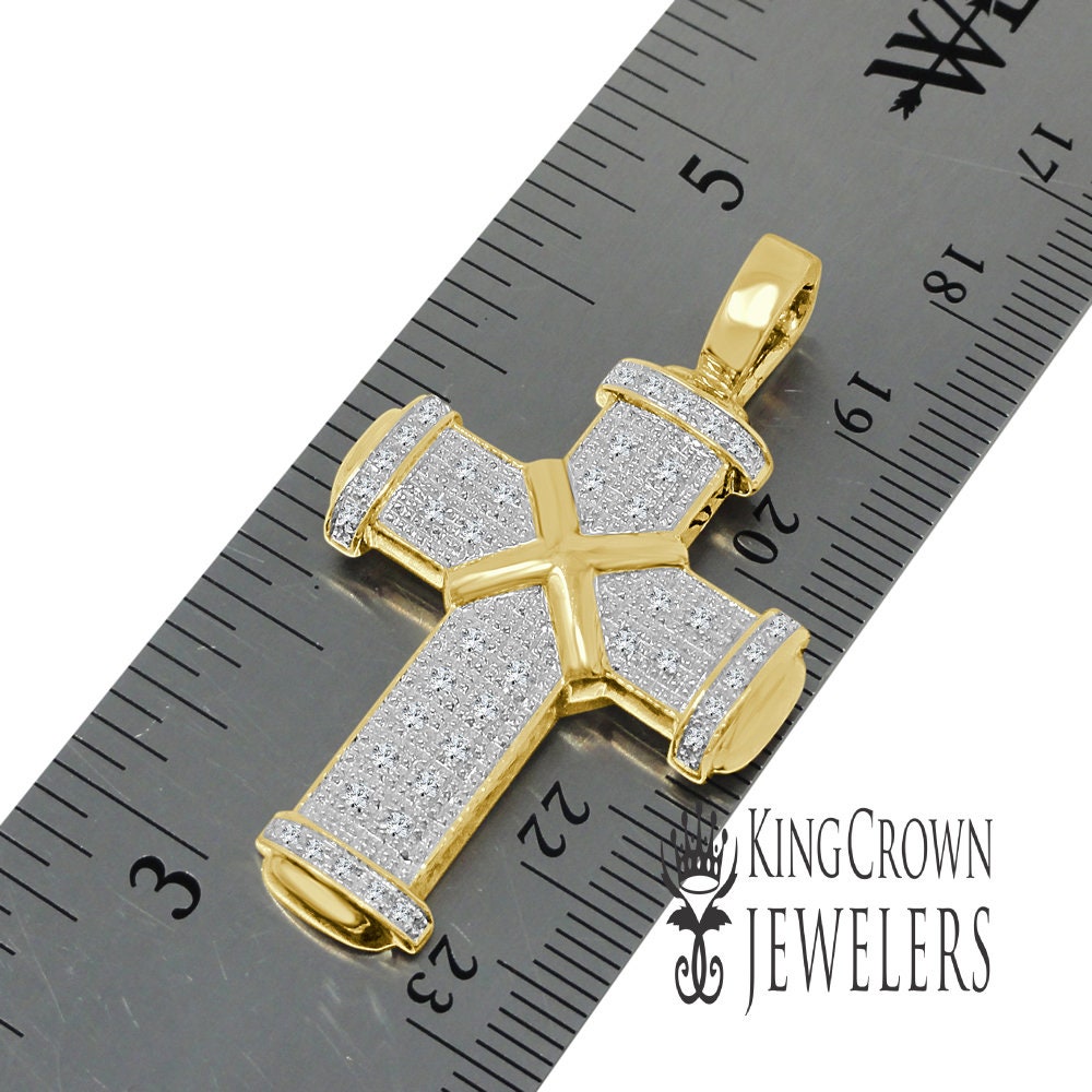 Real Genuine Authentic Diamond Jesus Crist Holy Cross Designer Pipe Pole Pendant 10K Gold Finish Unisex Charm Chain Neckless Set 1.75''