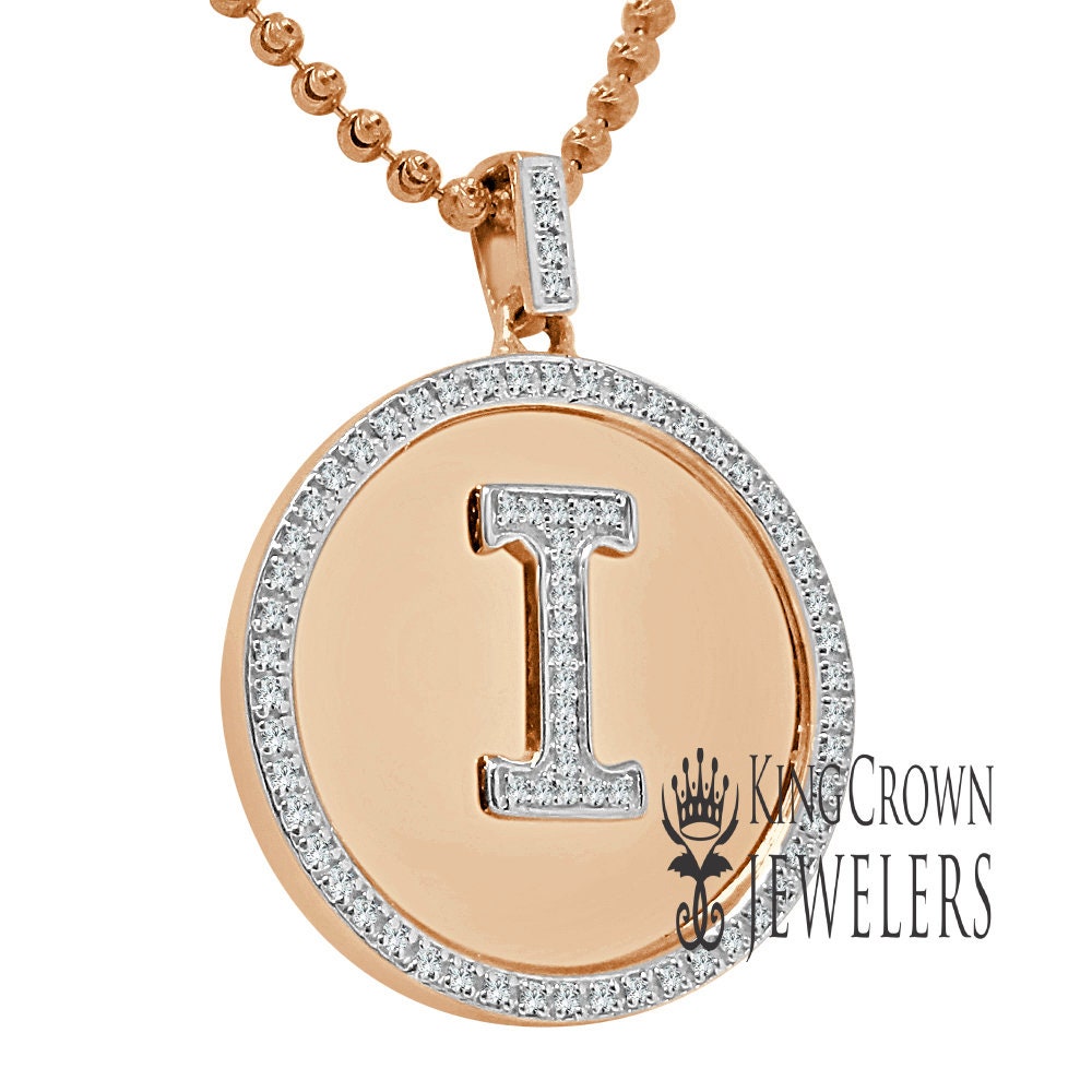 Real Genuine Authentic Diamonds Alphabet Initial Letters "I" Charm Round Pendent Chain Set 10K Gold Finish