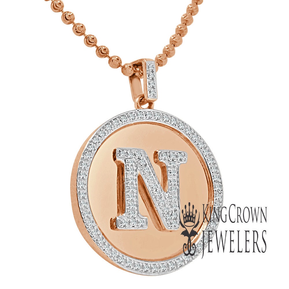 Real Genuine Authentic Diamonds Alphabet Initial Letters "N" Charm Round Pendent Chain Set 10K Gold Finish