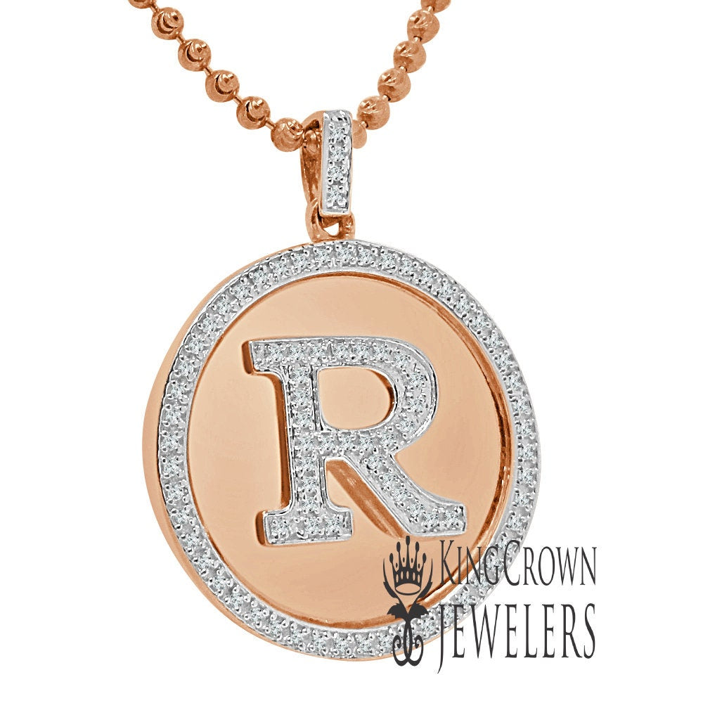 Real Genuine Authentic Diamonds Alphabet Initial Letters "R" Charm Round Pendent Chain Set 10K Gold Finish