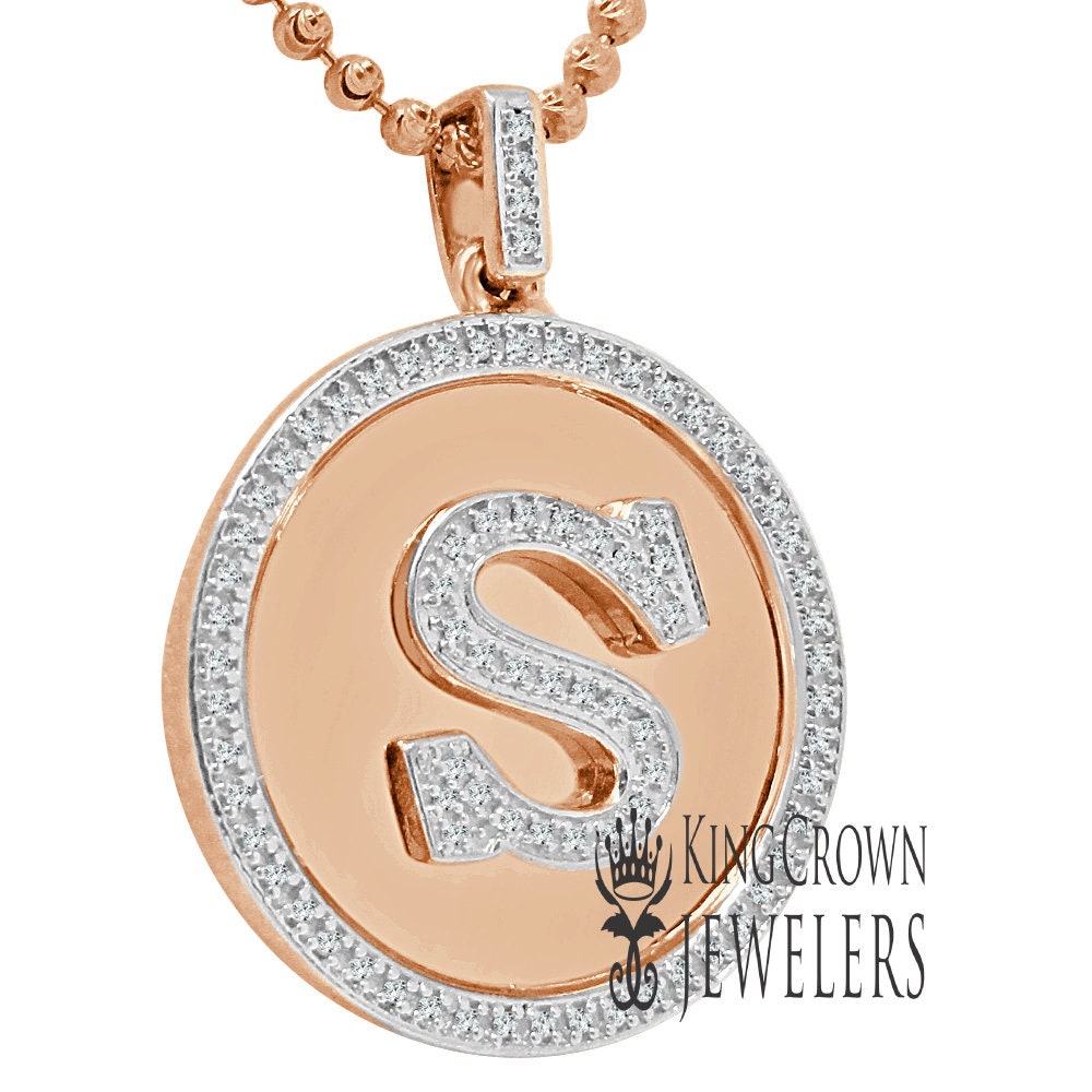 Real Genuine Authentic Diamonds Alphabet Initial Letters "S" Charm Round Pendent Chain Set 10K Gold Finish