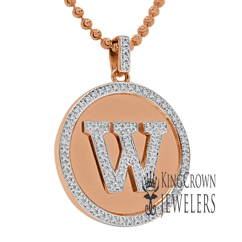 Real Genuine Authentic Diamonds Alphabet Initial Letters "W" Charm Round Pendent Chain Set 10K Gold Finish