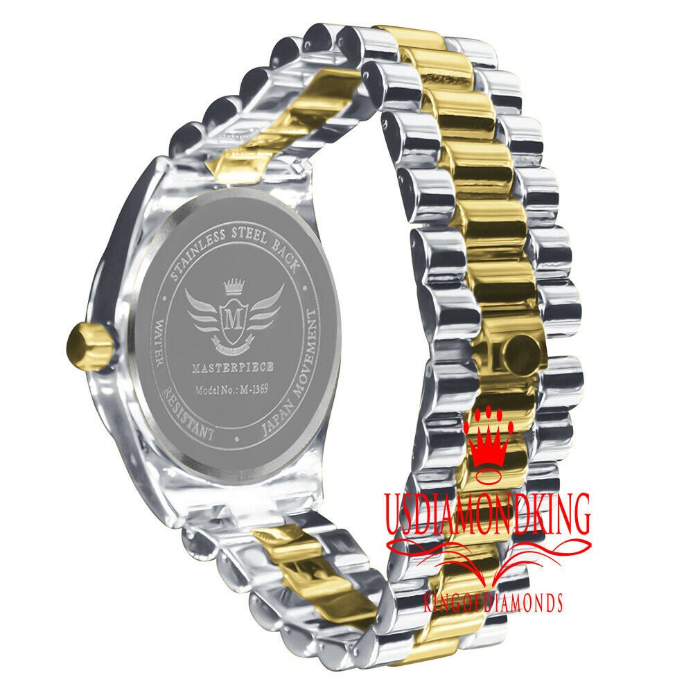 Mens 2 Tone Gold Blue Sapphire Dial Face Metal Band Day/Date Presidential Watch 45mm
