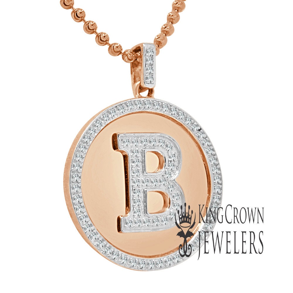 Real Genuine Authentic Diamonds Alphabet Initial Letters "B" Charm Round Pendent Chain Set 10K Gold Finish