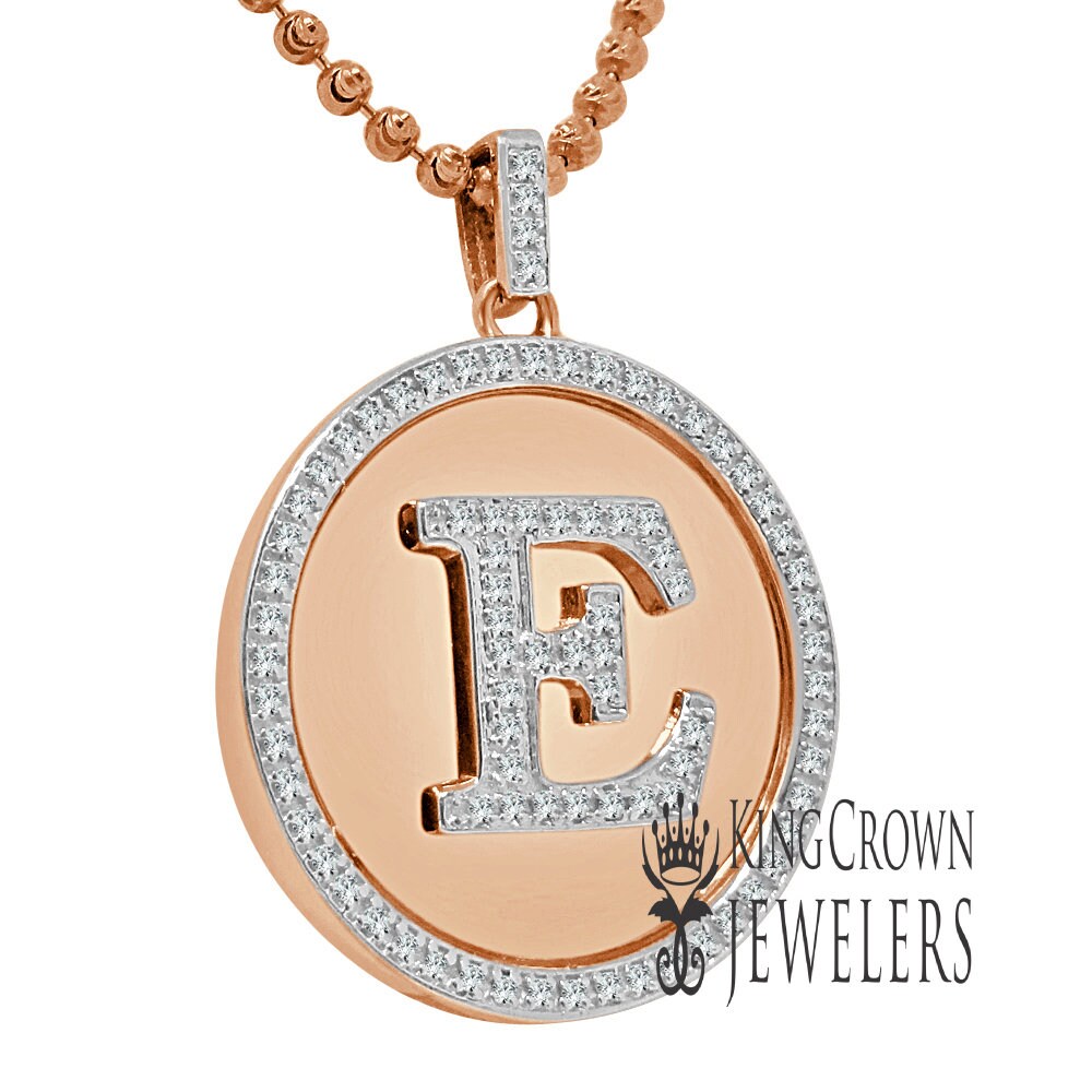 Real Genuine Authentic Diamonds Alphabet Initial Letters "E" Charm Round Pendent Chain Set 10K Gold Finish