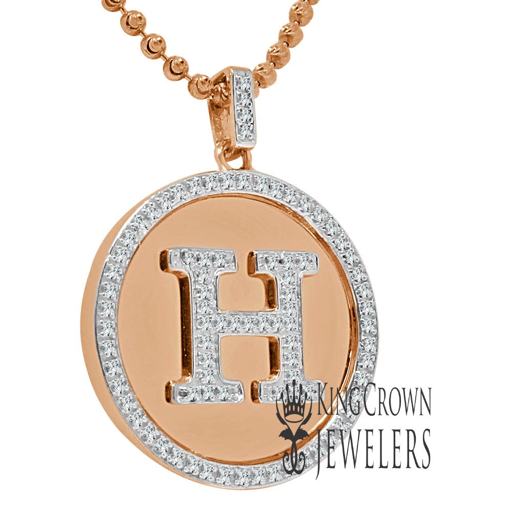 Real Genuine Authentic Diamonds Alphabet Initial Letters "H" Charm Round Pendent Chain Set 10K Gold Finish