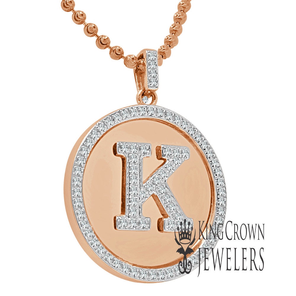 Real Genuine Authentic Diamonds Alphabet Initial Letters "K" Charm Round Pendent Chain Set 10K Gold Finish