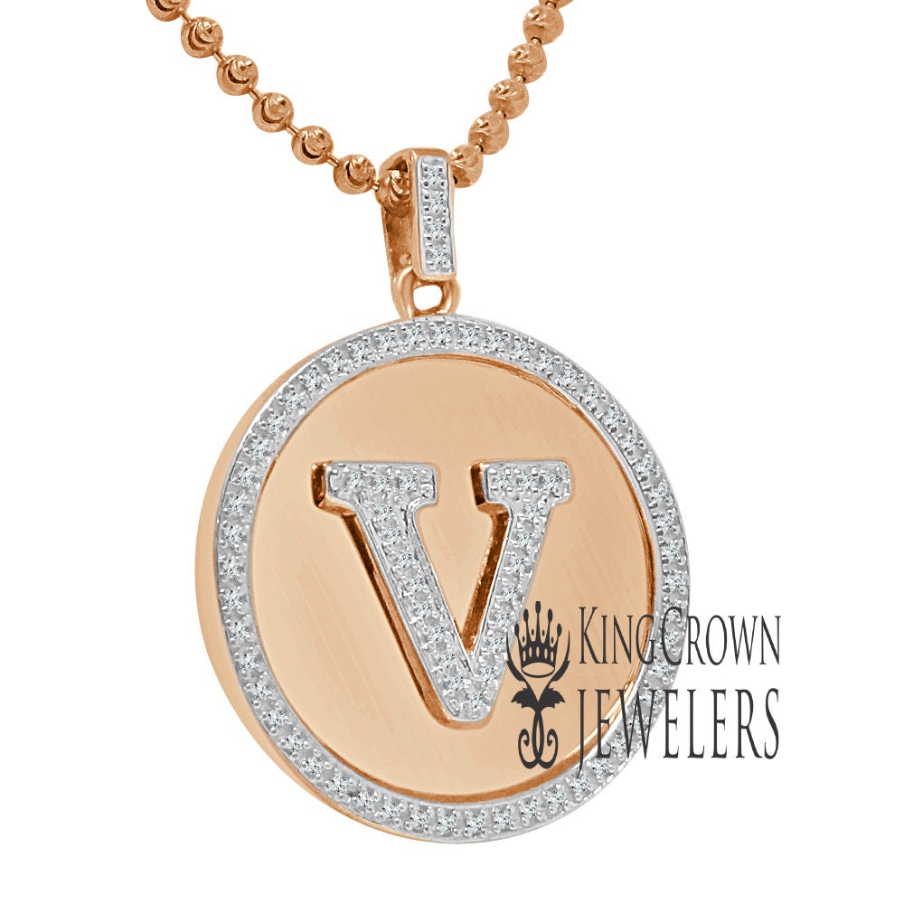 Real Genuine Authentic Diamonds Alphabet Initial Letters "V" Charm Round Pendent Chain Set 10K Gold Finish