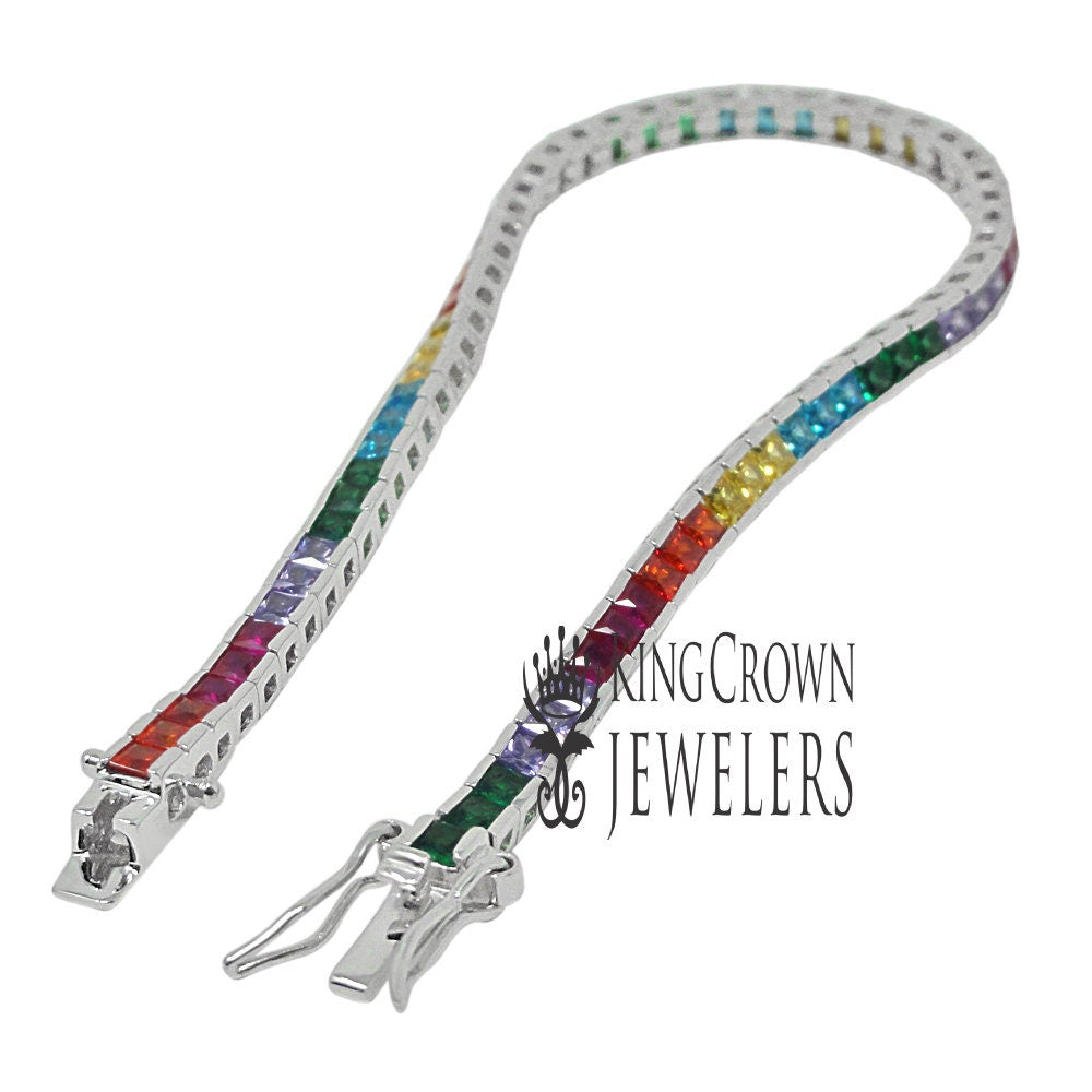 Real Sterling Silver Multi Rainbow 14K White Gold Finish Baguette 1 Row Tennis Link Bracelet 7''