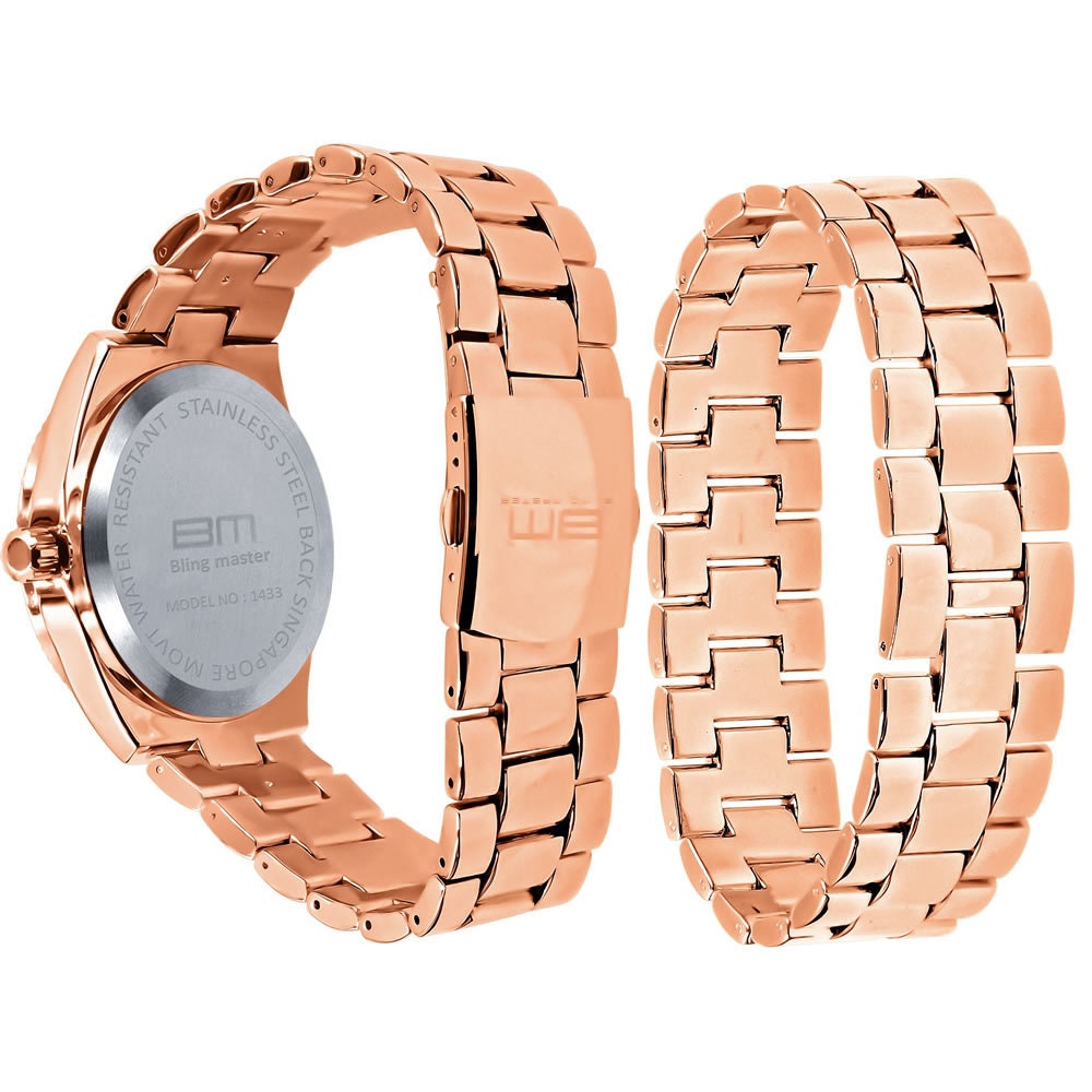 Mens Custom Elegant 14K Rose Gold Finish Simulated Diamond Designer Ice Watch Bracelet Gift Set