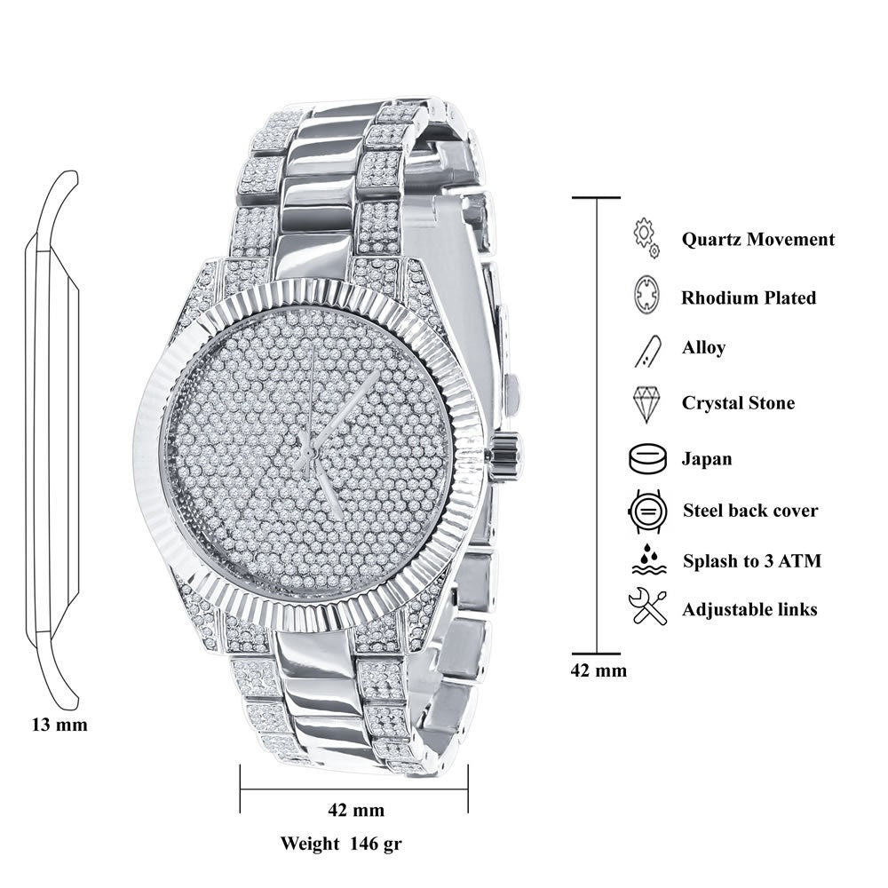 Mens Custom Elegant 14K White Gold Finish Simulated Diamond Designer Ice Watch Bracelet Gift Set