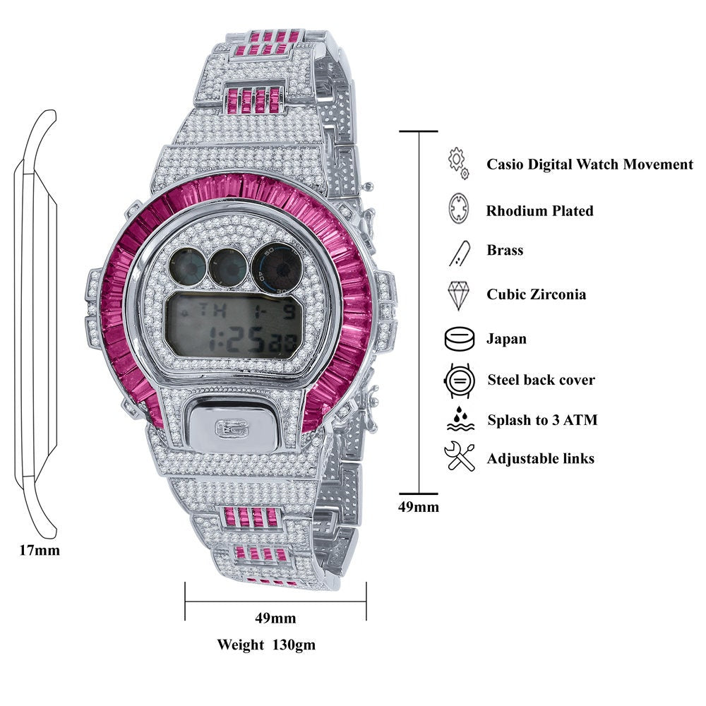 Baguette Pink Tourmaline White Gold Casio G Shock Authentic DW-6900 Custom Watch