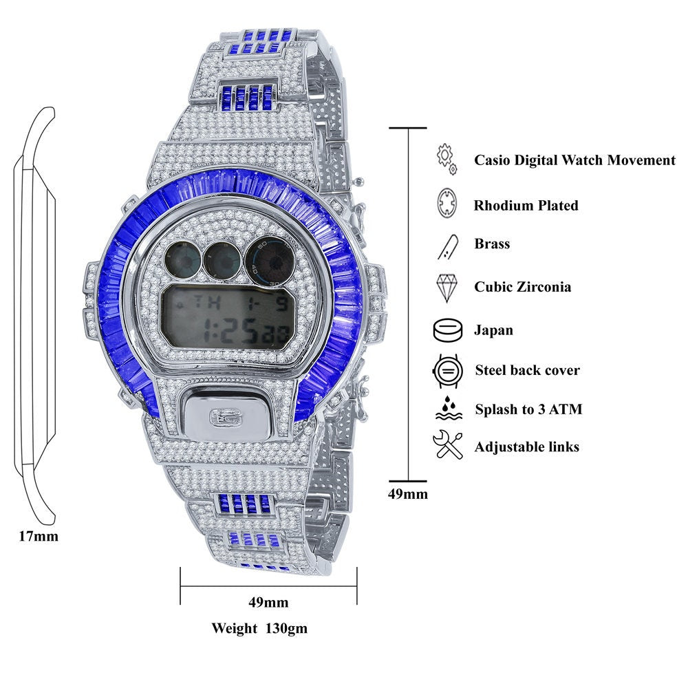 Baguette Blue Sapphire White Gold Casio G Shock Authentic DW-6900 Custom Watch