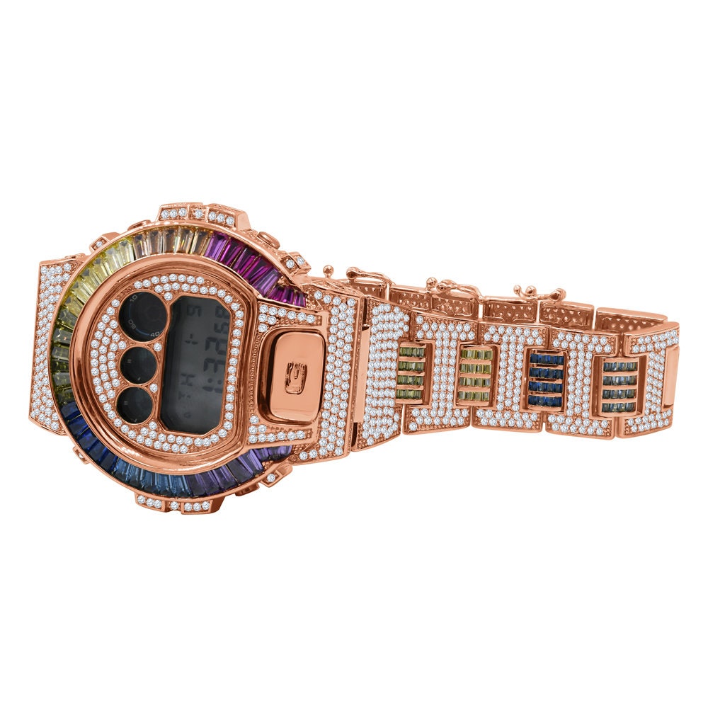 Mens Baguette Rainbow Multi Rose Gold Finish Casio G Shock Authentic DW-6900 Custom Watch