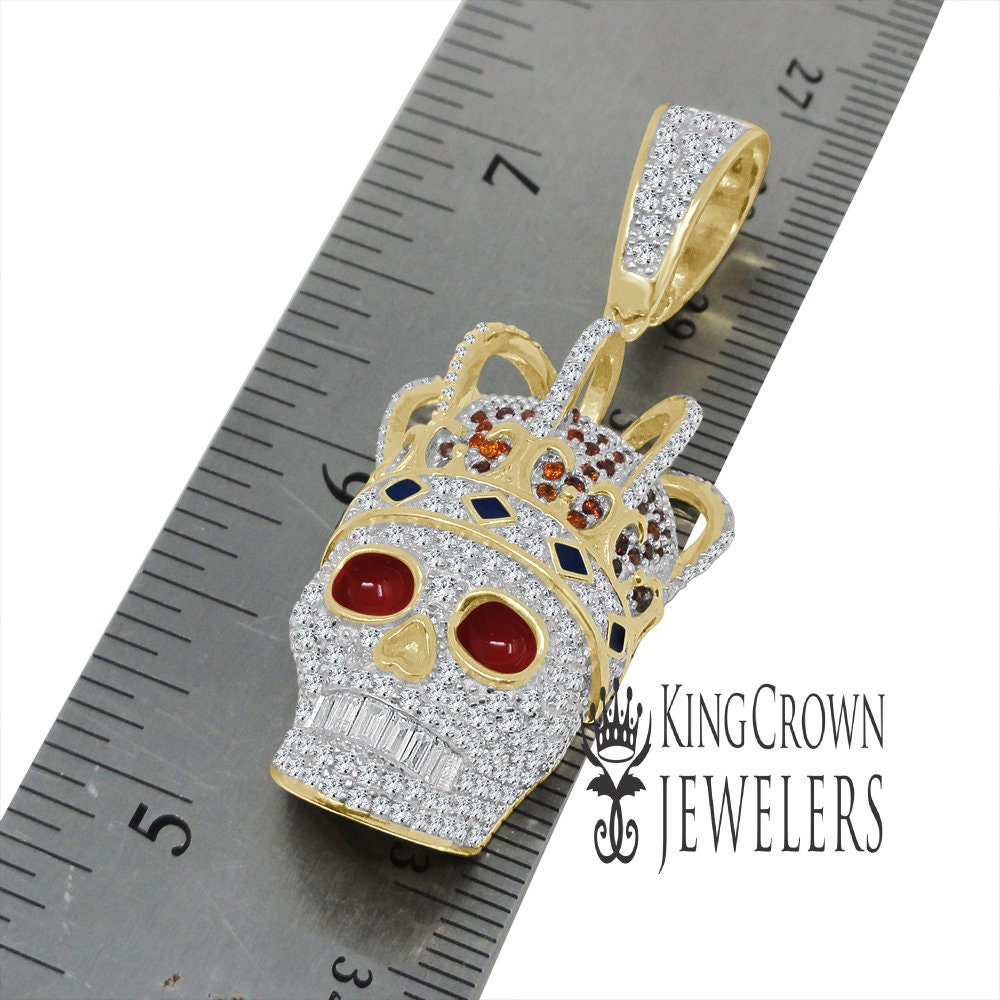 10K Gold On Real Sterling Silver Multi Tone Smiling Skull Crown Head Simulated Diamond Pendant Mens Pave Charm Chain Set