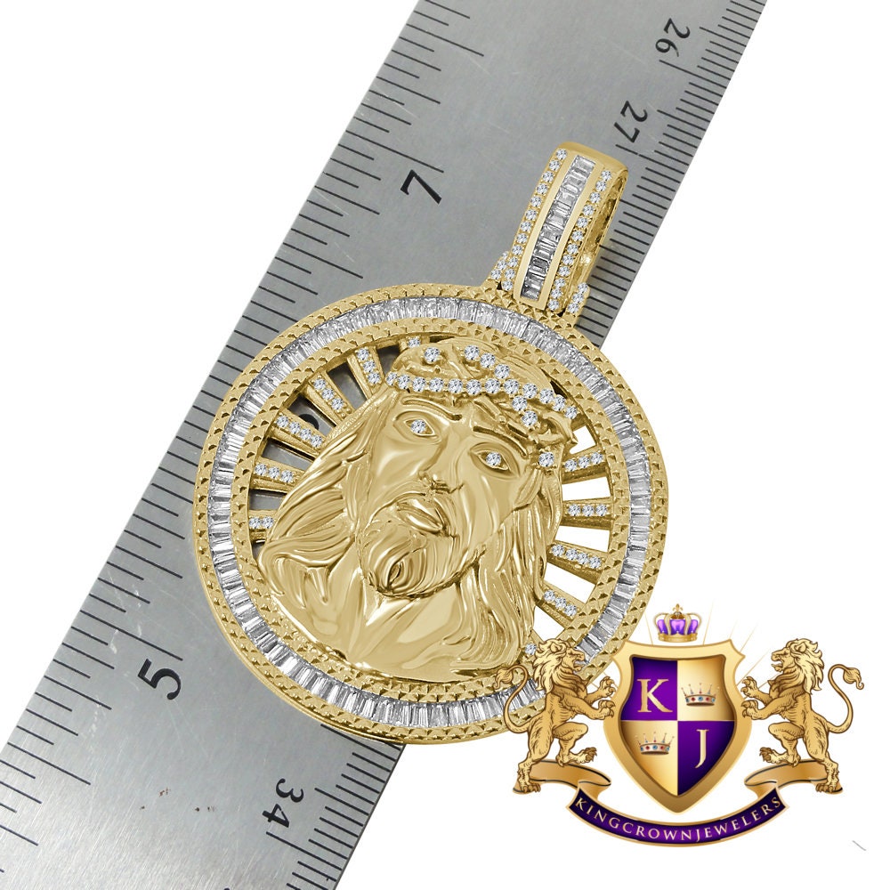 Baguette Real Sterling Silver Jesus Face Medallion 10K Gold Finish Charm Pendent Chain Set