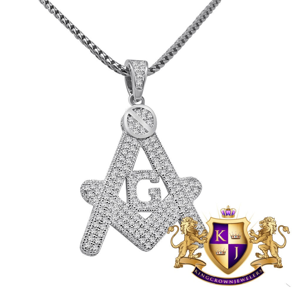 Mens Real Sterling Silver 10K Gold Finish Charm Freemason Masonic Pendent Chain Set