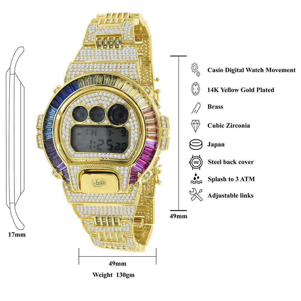 Mens Baguette Rainbow Multi Tone 14k Yellow Gold Finish Casio G Shock Authentic DW-6900 Custom Digital Watch