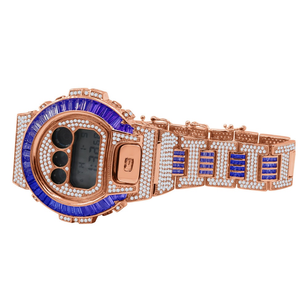 Baguette Blue Sapphire Rose Gold Casio G Shock Authentic DW-6900 Custom Watch