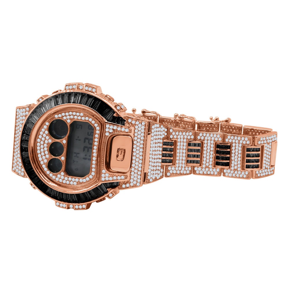 Baguette Black Onyx Rose Gold Tone Casio G Shock Authentic DW-6900 Custom Watch