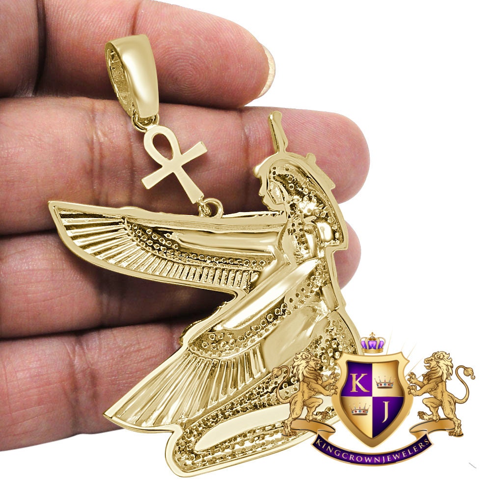 35 + Grams Big 3'' Real Sterling Silver Egyptian God Sky Goddess Isis Osiris Ankh Cross Pharaoh Simulated Diamond 14K Gold On Pendant Charm