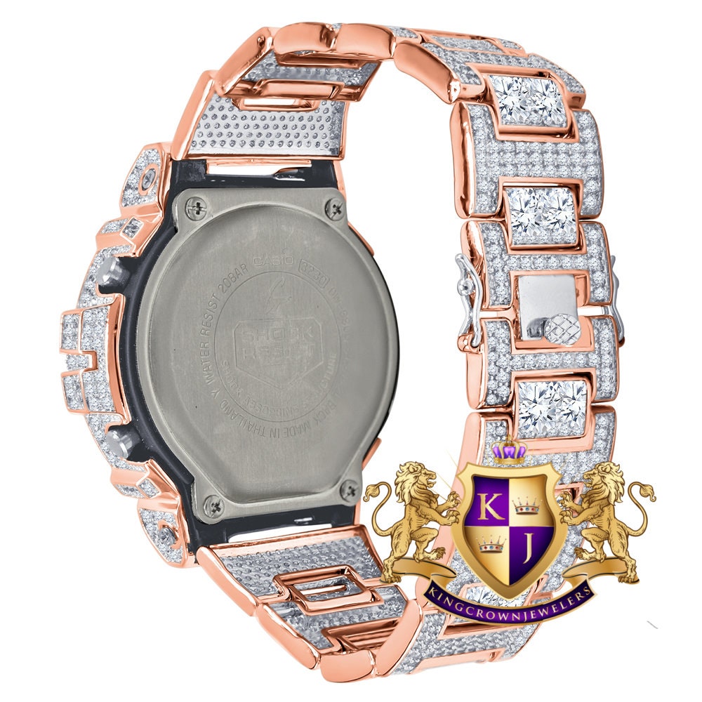 Pink Solitaire Rose Gold Tone Simulated Diamond G Shock Casio DW-6900 Mens Custom Watch