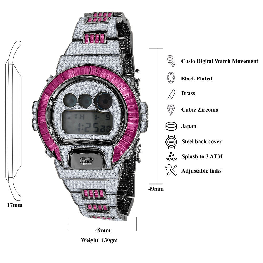 2 Tone Baguette Pink Tourmaline Black Gold Casio G Shock Authentic DW-6900 Custom Mens Digital Watch