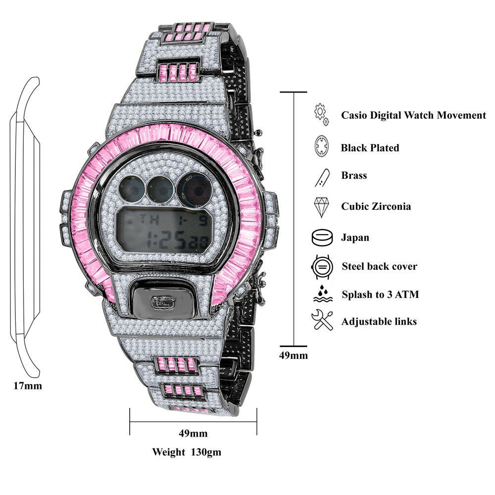 Baguette Light Baby Pink 2 Tone Black Gold Finish Casio G Shock Authentic DW-6900 Mens Digital Custom Watch