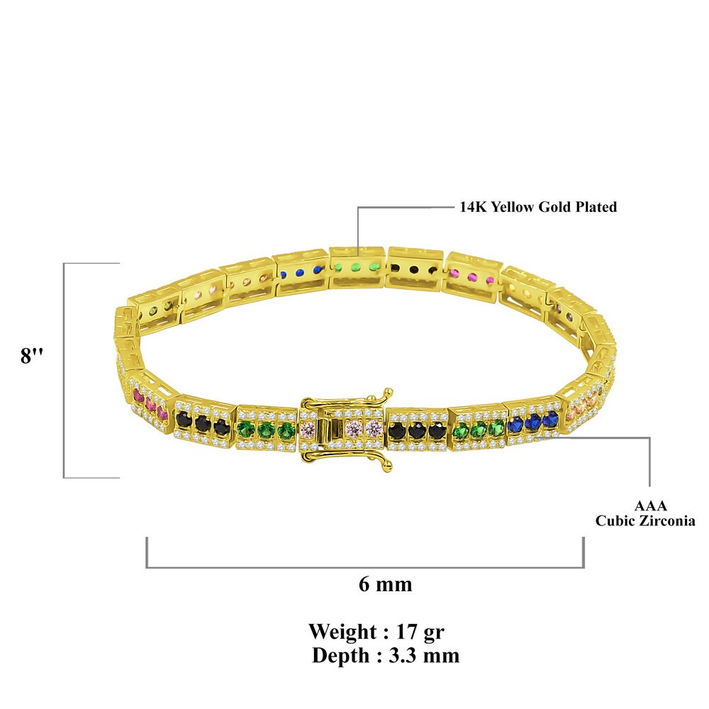 Real Genuine Yellow Gold Sterling Silver Rainbow Multi Tone Yellow Gold Finish Bracelet Unisex 7.5'