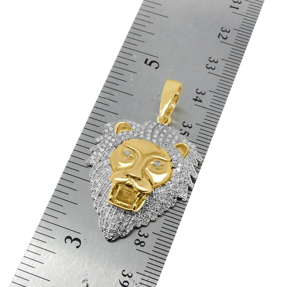 Real Genuine Authentic Diamond 0.65 Cwt. 12+ Grams Lion King Head Face Pendent 10K Gold Finish Men's Custom Piece Charm Chain Set 1.70''
