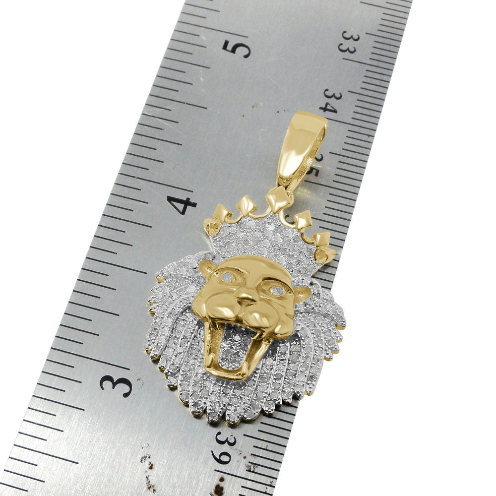 Real Genuine Authentic Diamond 0.75 Cwt. 15+ Grams Lion Head Crown Face Pendant 10K Gold Finish Custom Piece Charm Chain Neckless Set 1.65''