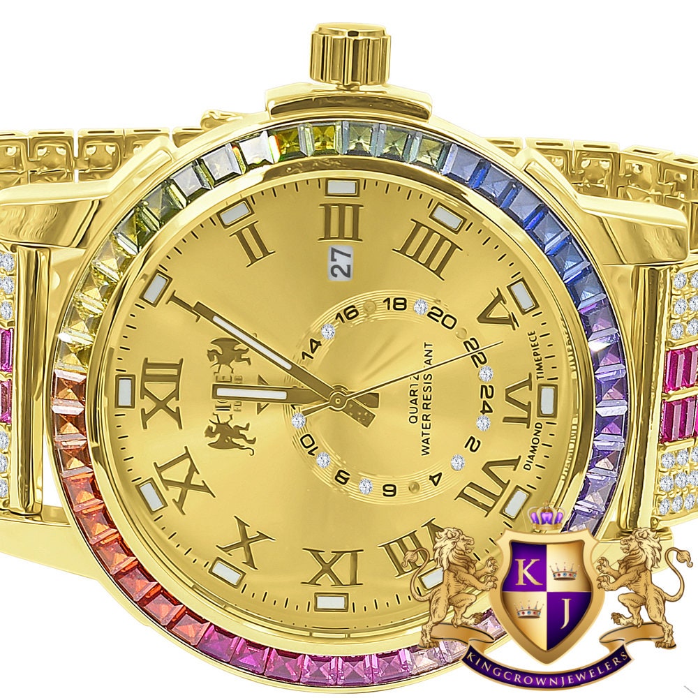 Baguette Rainbow Multi Tone Real Diamond Dial Roman Face Gold Tone Custom Band Bezel Watch W/Date