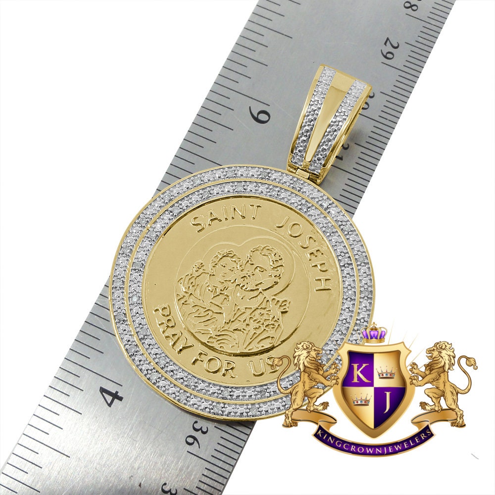 Real Genuine Authentic Diamond Saint Joseph Round Religious Medallion Pendent 10K Gold Charm Unisex 2.25''