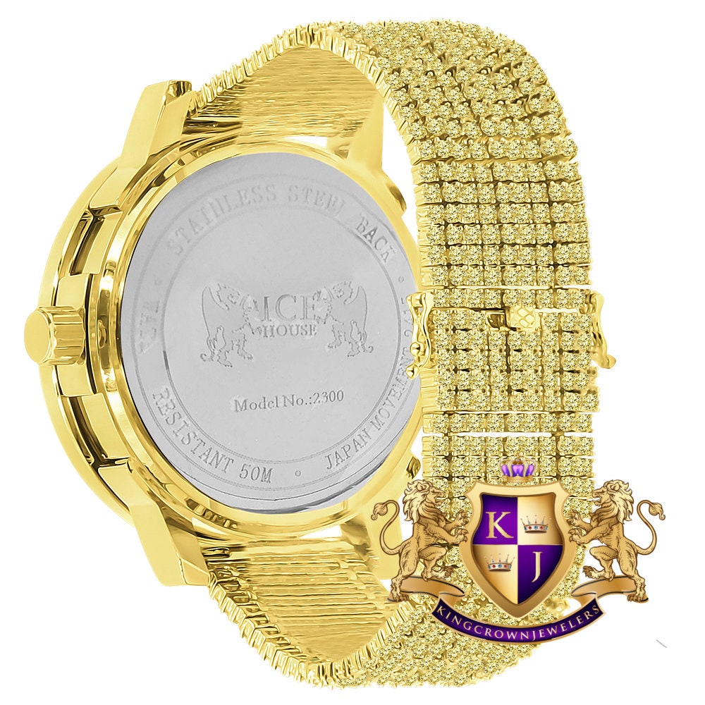 Yellow Canary Solitaire Real Diamond Dial Roman Face Gold Tone Steel Bezel Custom Band Watch XL 55mm W/Date