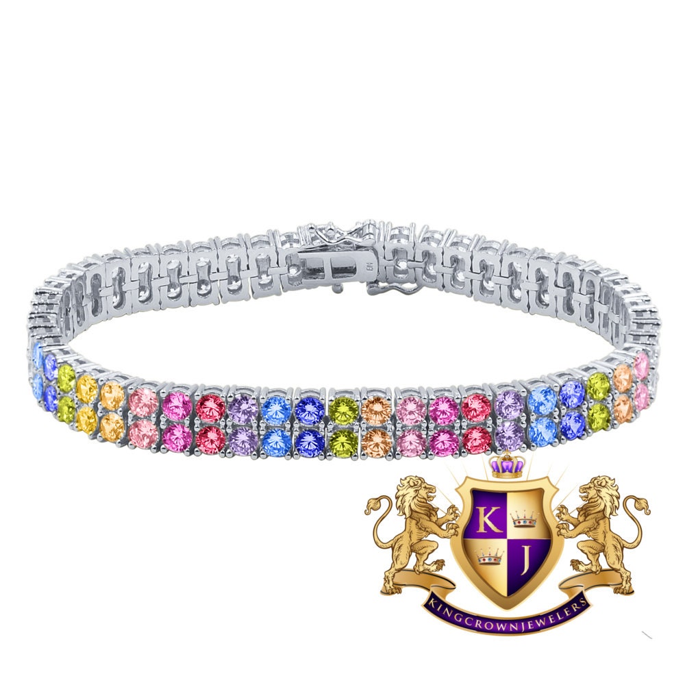 High Quality Rainbow Multi Tone 14K White Gold Finish 2 Row Tennis Link Bracelet Unisex