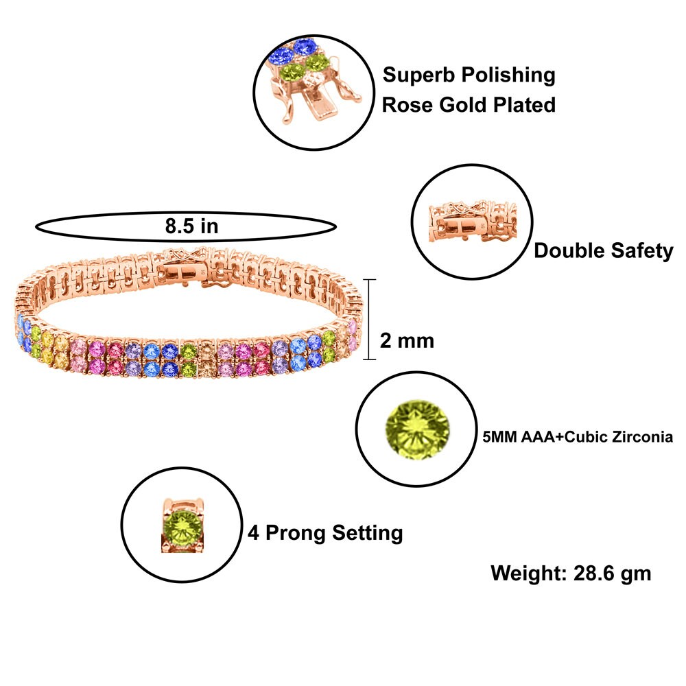 Rainbow Multi Tone 10K Rose Gold Over Real Sterling Silver 2 Row Tennis Bracelet Unisex 8''