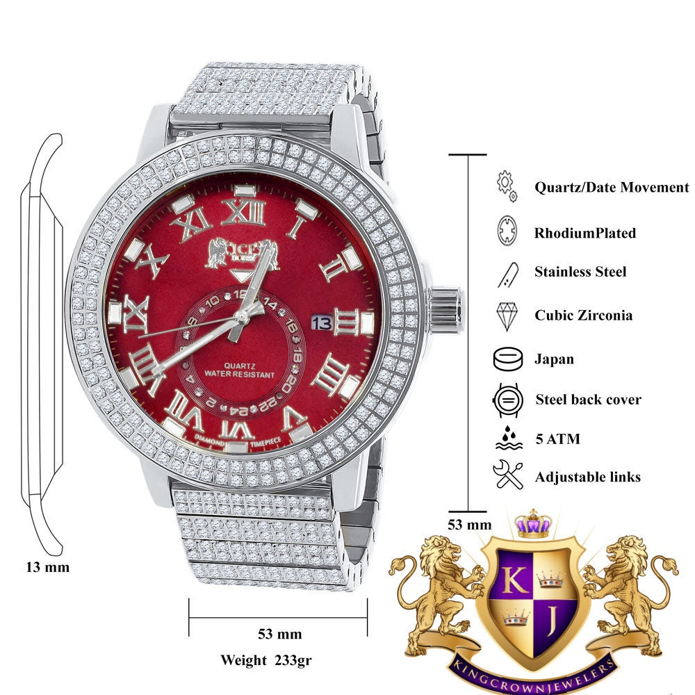 Ruby Red Mens Solid Stainless Steel 18K White Gold Tone Real Diamond Dial Custom Luxury Watch XL 54mm W/Date