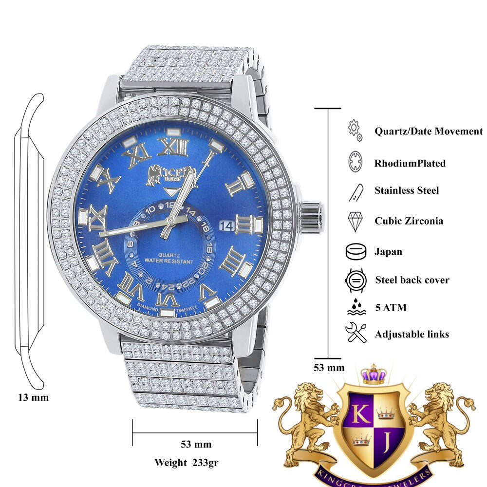 Sapphire Blue Mens Solid Stainless Steel 18K White Gold Tone Real Diamond Dial Custom Luxury Watch XL 54mm W/Date