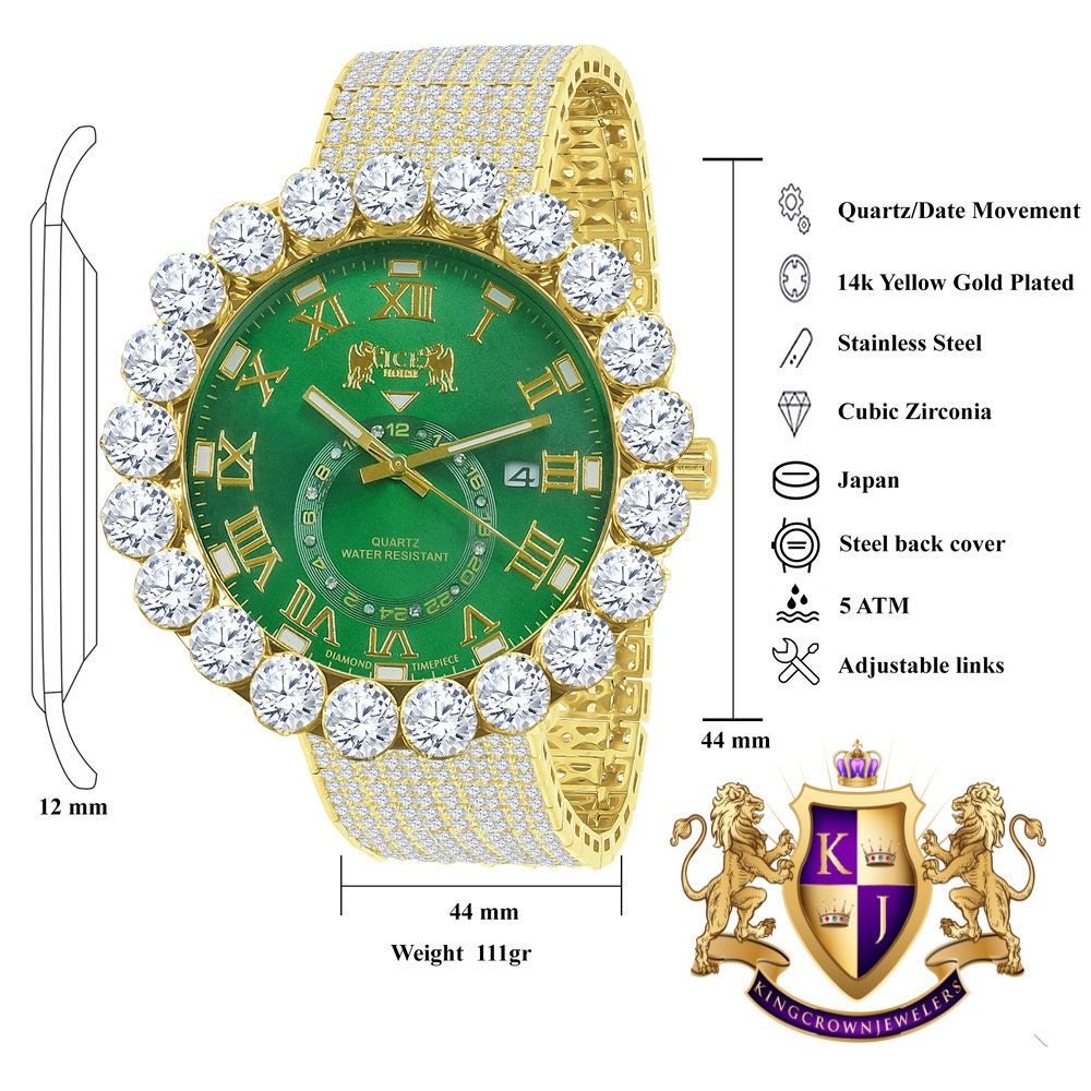 Real Diamond Dial Green Emerald Roman Numeral Face Yellow Gold Tone 10 Row Custom Band Bezel Watch XL 55mm